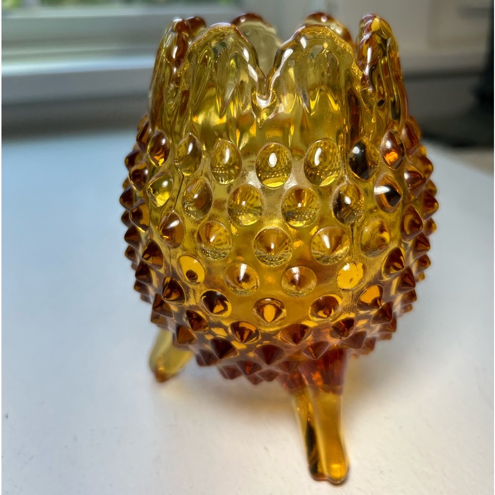 Vintage MCM amber glass egg shaped hobnail rose bowl vase petal rim - Picture 3 of 8